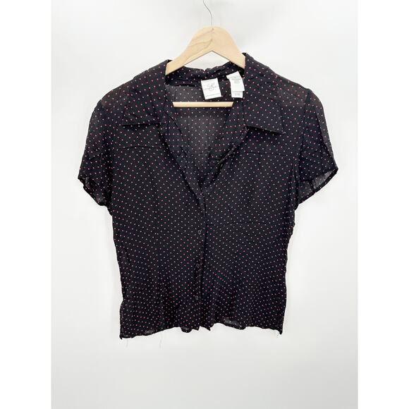 Emma James Black Pink Polka Dot Button Front Collared Blouse Women's Size 10 - Picture 1 of 8
